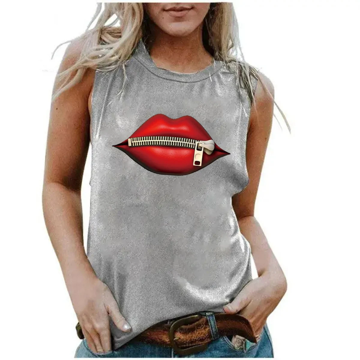 Damski letni czerwony nadruk z ustami Luźny rozmiar Oddychający i wygodny raper bez rękawów Graficzne koszulki z okrągłym dekoltem Tank Top T-shirt