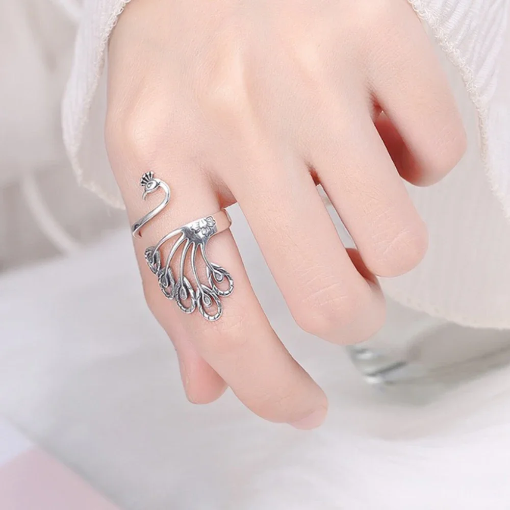 Colorful Enameling Peacock Ring Women\'s Real 925 Sterling Silver Jewelry Animal Bird Adjustable Opening Type Exaggerated