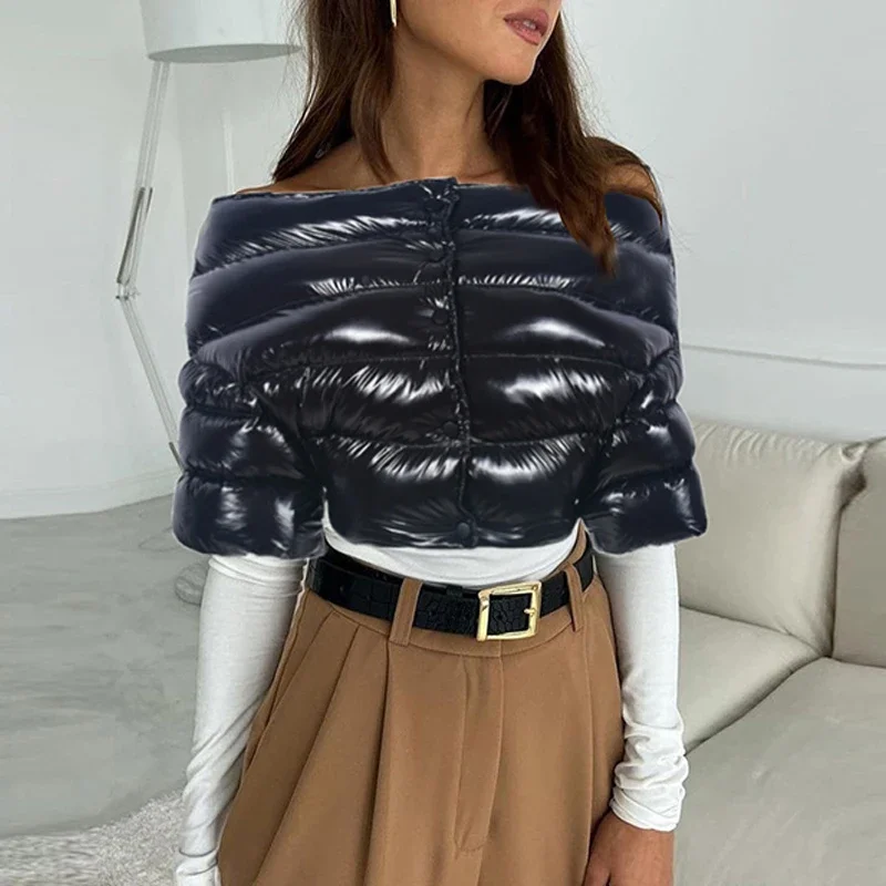 Women Shiny Black Off The Shoulder Puffer Jackets High Waist Slim Warm Cropped Bubble Coats Single Breasted Short Sleeve Parkas