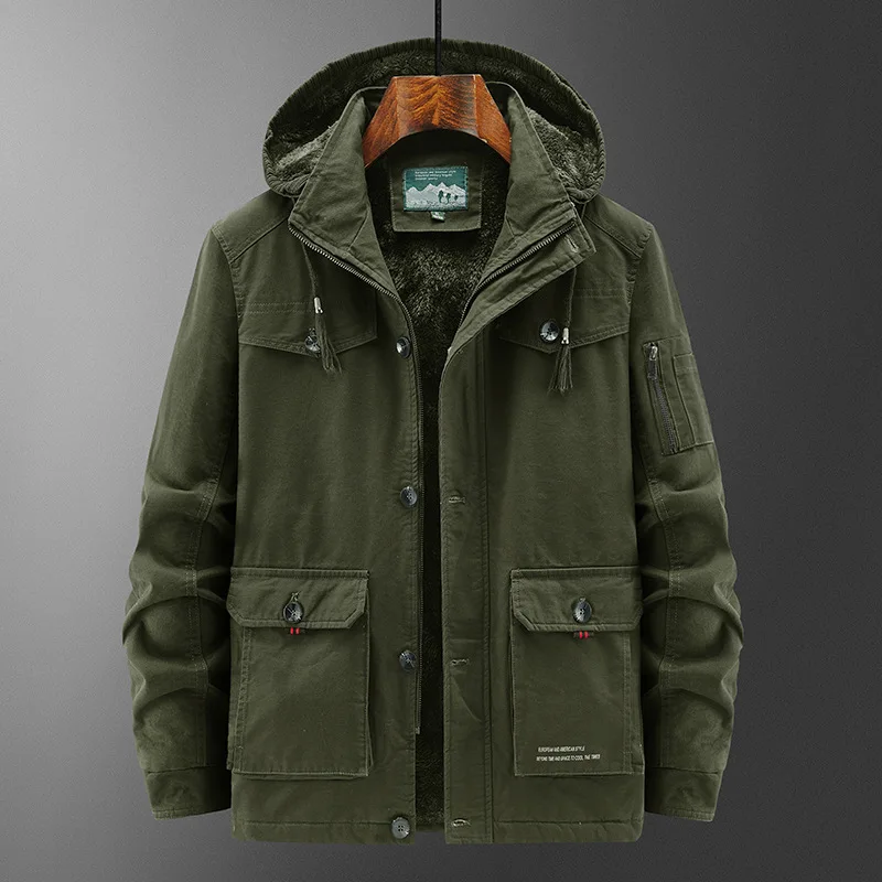 Winter Cotton-padded Men's Tooling Jacket Medium And Long Men's Large-size Coat Warm And Thicker