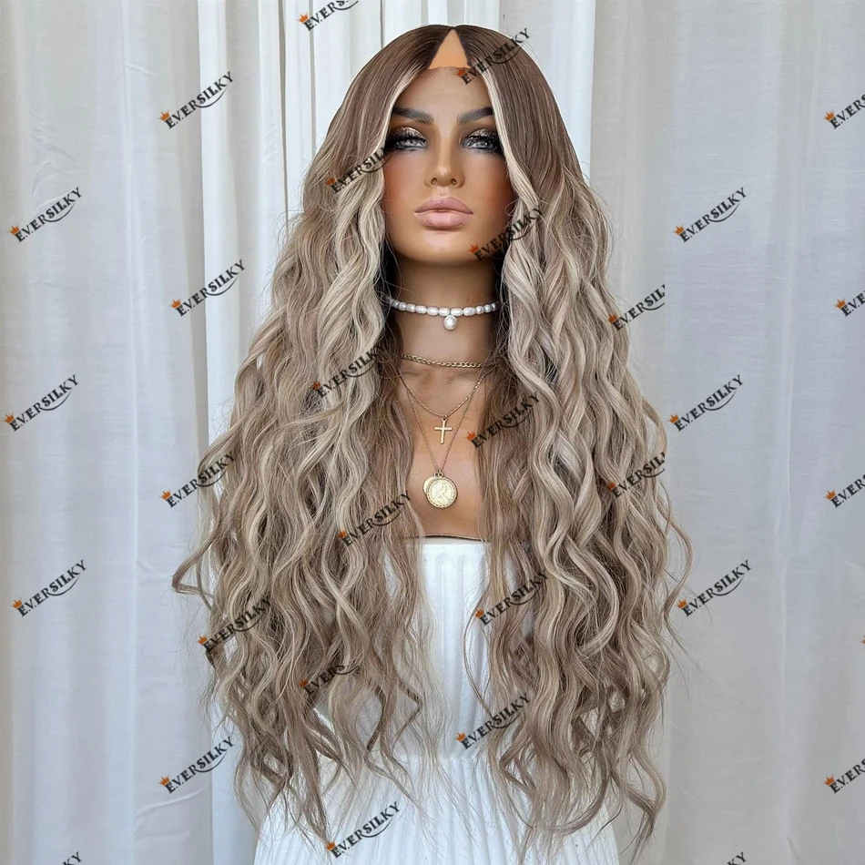 Glueless Human Hair Loose Wave Ash Blonde Highlight Balayage 200Density Brazilian Remy Hair U Part Wigs 1x4 Middle V Part Wig