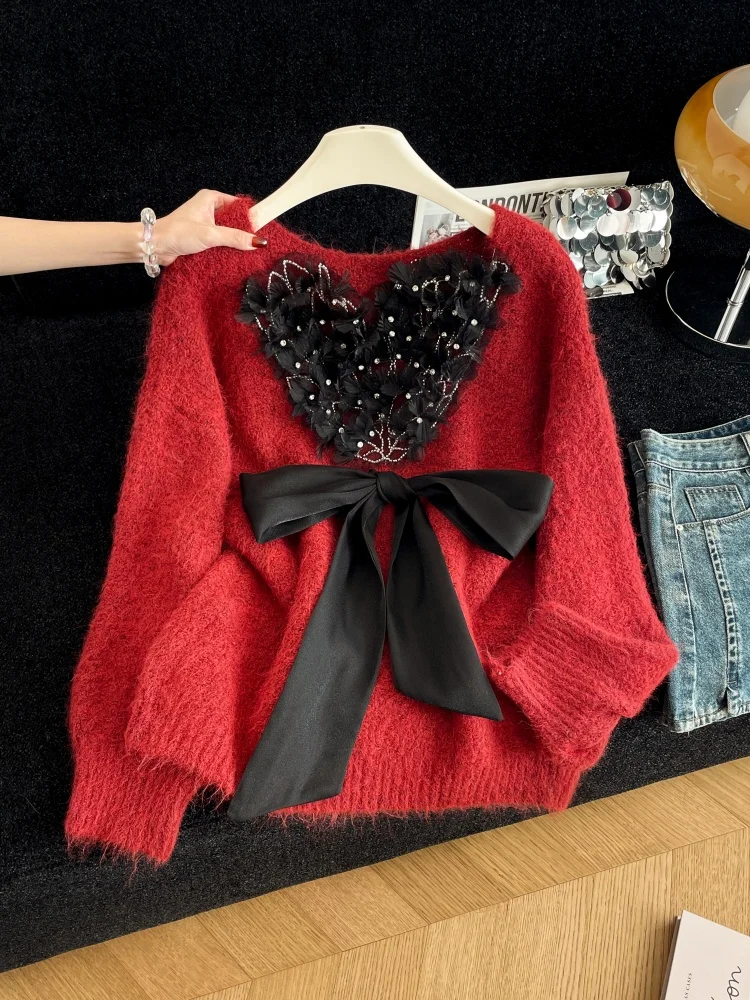 Women Christmas Red Bow Pullover Knit Sweater 2000s Vintage O-Neck Long Sleeves Cozy Burgundy Cashmere Sweater For Women Clothes