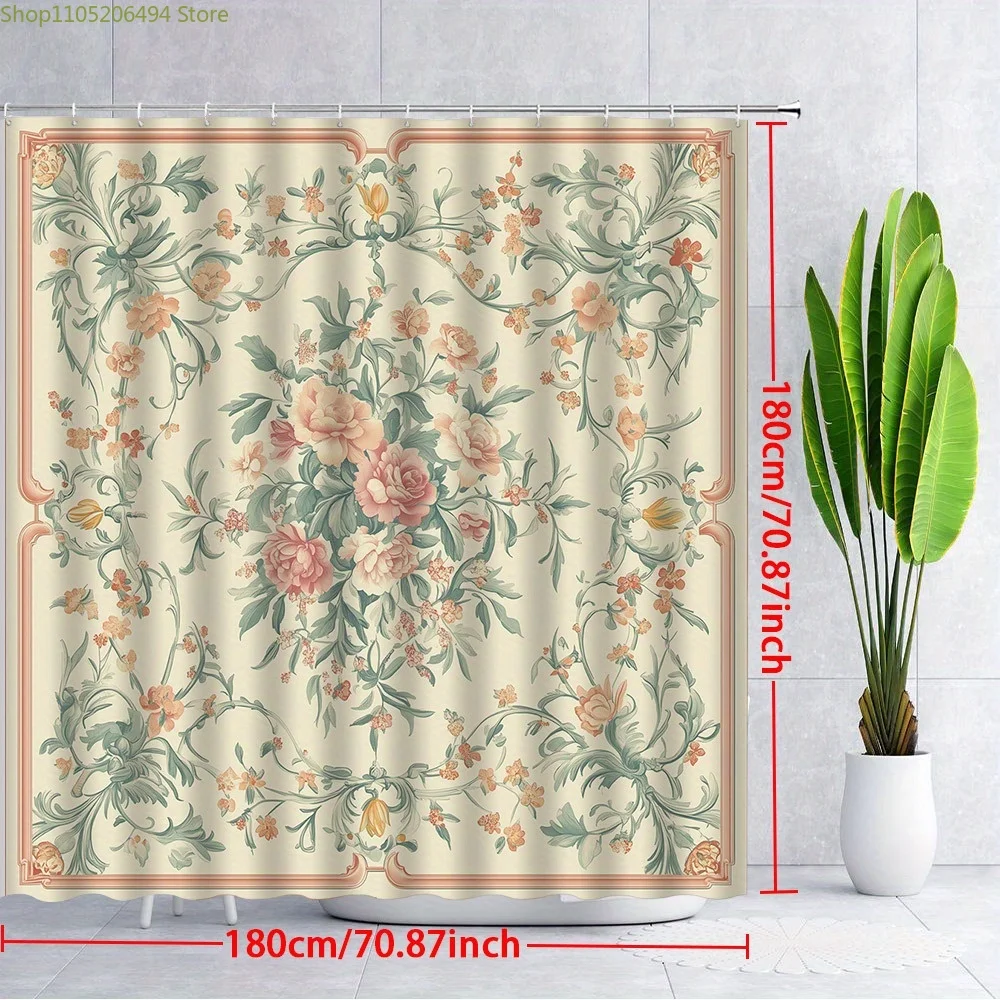 

1pc Vintage Floral Pink Roses Shower Curtain - Symmetrical Bouquet Design with Green Foliage, Soft Cream Background & Ornate P