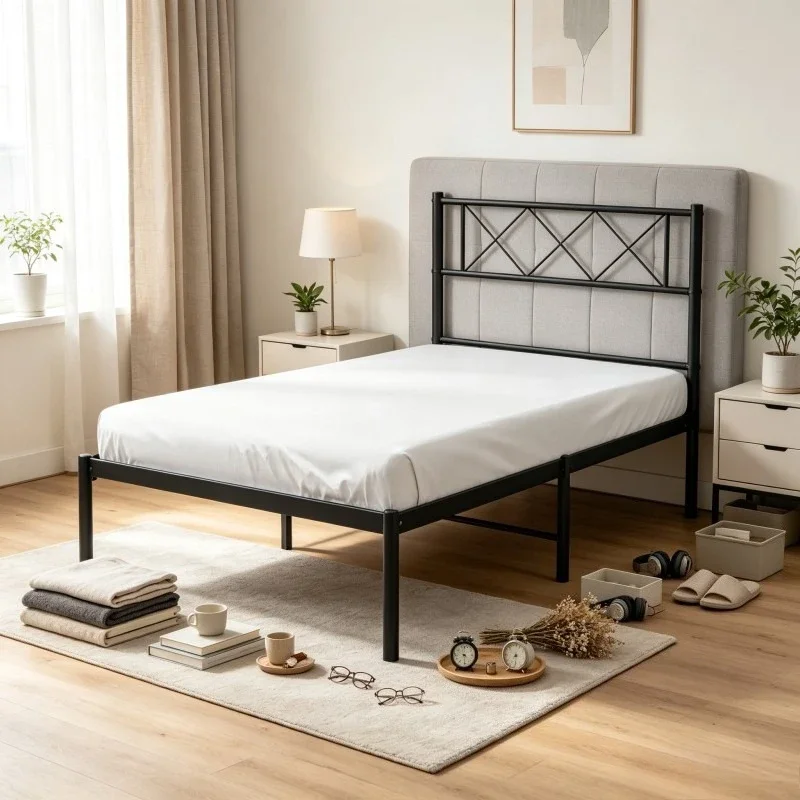 Lit simple moderne 90x200 cm en métal noir avec tête de lit, structure solide, sommier métallique durable, design minimaliste pour chambre adulte, maison, appartement, mobilier de chambre
