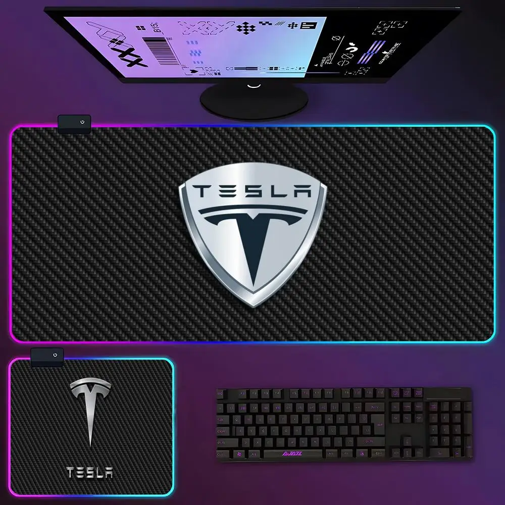 New Energy Car Tesla Logo Mouse Pad RGB Luminous 900x400x3mm Thickened  Large Table Pad Encrypted Anti Super Large Mouse Pad