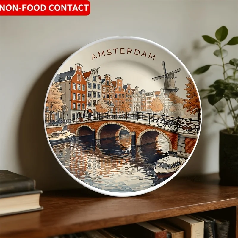 Not for Food Contact. A Single 20cm/7.9in Ceramic Decorative Plate with Exquisite Texture and Beautiful Amsterdam Canal-themed