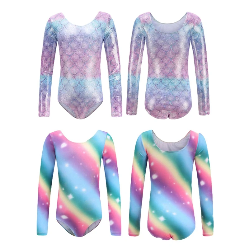 Kids Long-Sleeved Gymnastics Leotard Children Girls Ballet Body Suit Dance Stage Performance Clothes 3-14 Years