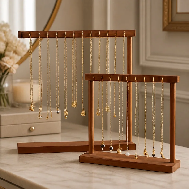 Wooden Jewelry Organizer Stand with Hanging Hooks for Necklaces, Bracelets, and Earrings - Countertop Display Rack