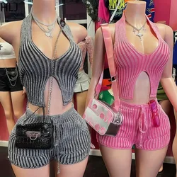 HLJ Fashion Stripe Print 2 Piece Sets Woman Outfit Halter Backless Slim Crop Top + Bodycon Shorts Female Streetwear Spring New