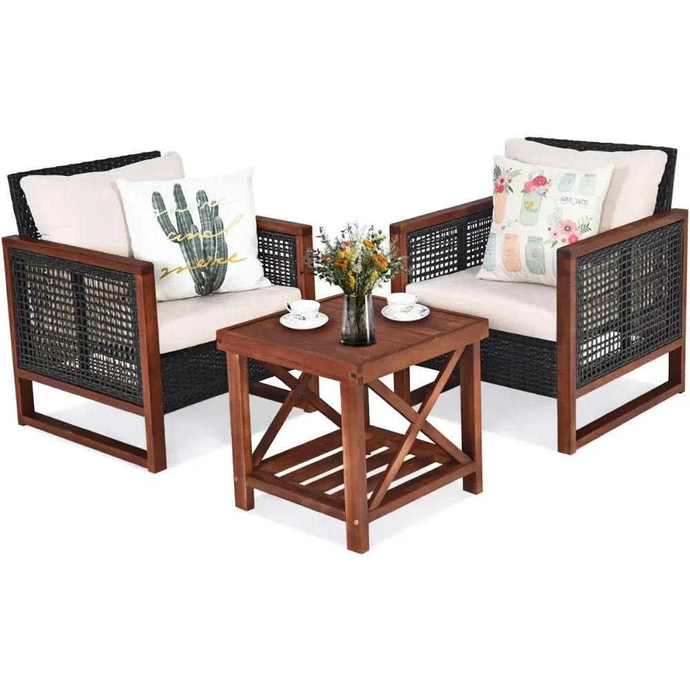 Rattan Outdoor Furniture Set with Washable Cushion and Acacia Wood Coffee Table, Outdoor Bistro Set, Free Shipping