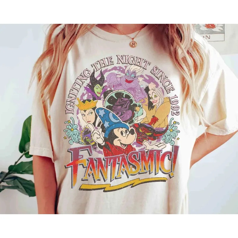 เสื้อยืดแขนสั้นลำลองทรงหลวมพิมพ์ลายมิกกี้แฟนตาซีและตัวร้ายจากดิสนีย์คุณภาพสูงสำหรับผู้หญิง