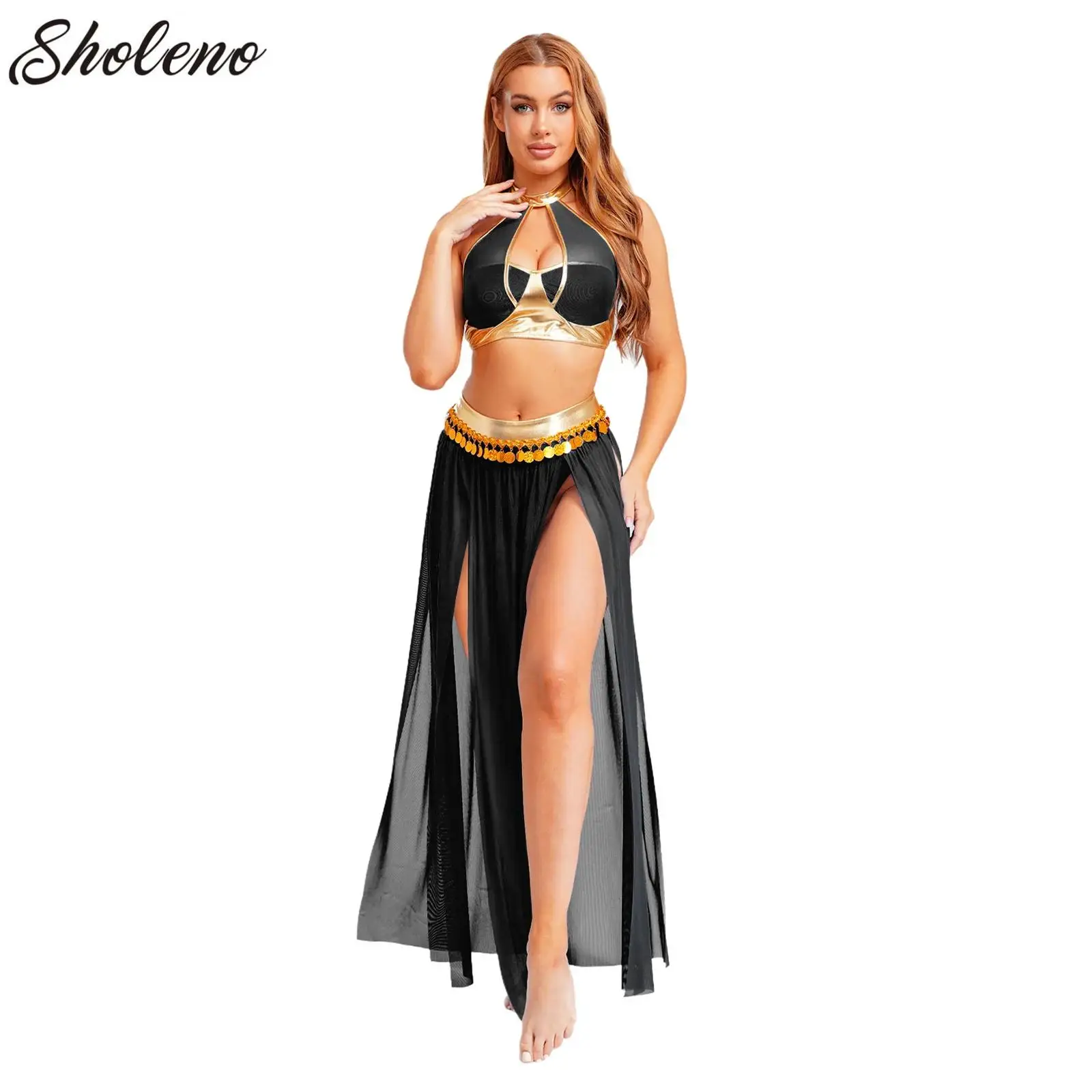 

Oriental Belly Dance Performance Costume Womens Arabic Halloween Party Clothes Halter Backless Crop Top And Split Mesh Skirt
