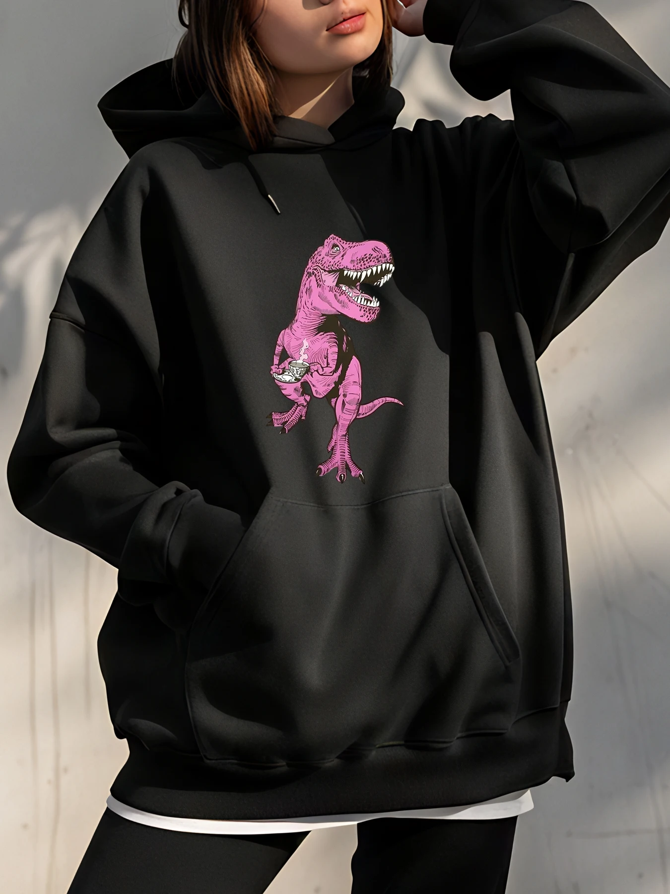 

Розовая толстовка с принтом динозавра, женская повседневная толстовка большого размера, уличная модная пуловер унисекс для девочек-подростков и женщин