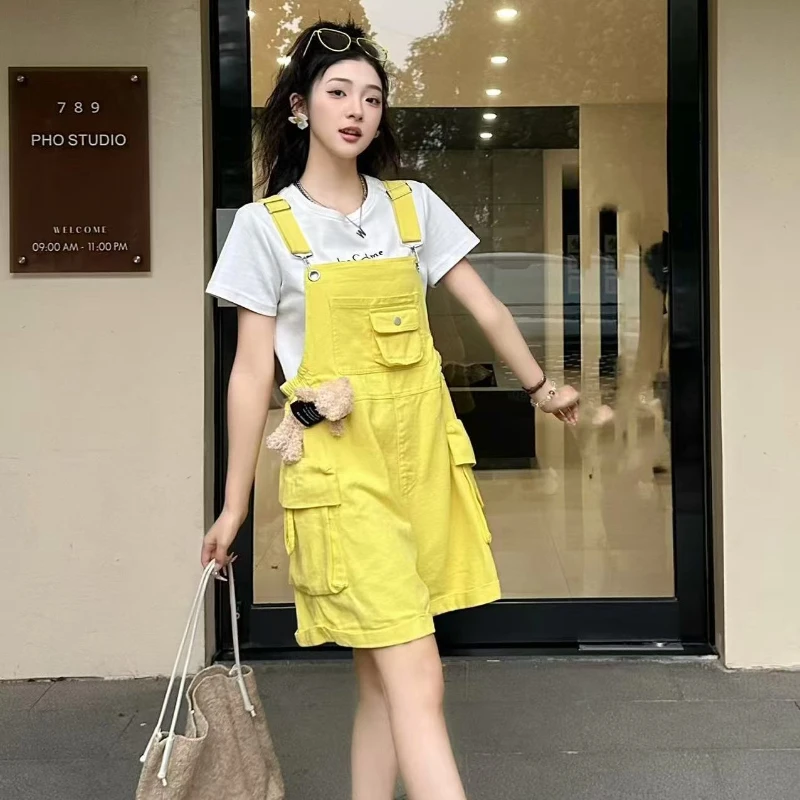 

Women's 2025 Dopamine Fashion Overalls Summer Sweet Style Yellow Wide Leg Jumpsuit Shorts Cute Denim Bib Overalls & Casual Style