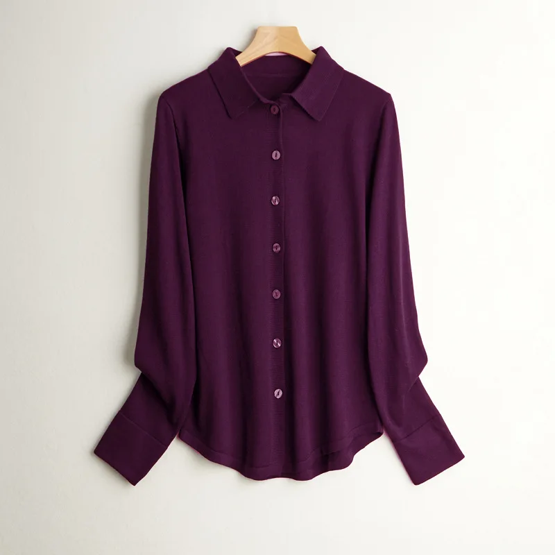 Bild 5: Birdtree 63,9 % Seide 15,9 % Baumwolle Hemd, 2025, Damen Herbst Neue Runde, solide Langarm Pullover Strickblusen T37652QC