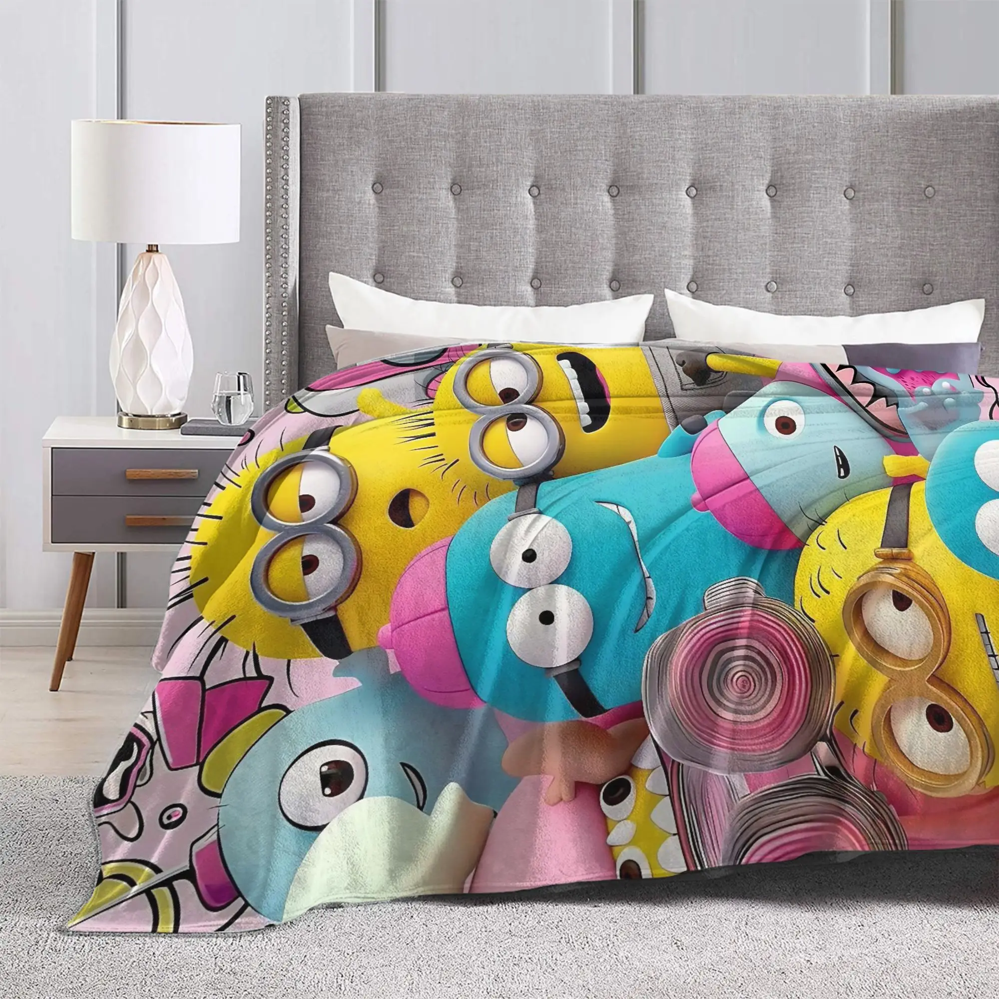 Cute Anime M-Miniones Blanket Flannel Spring Autumn  Portable Super Warm Throw Blanket for Home Outdoor Plush Thin Quilt