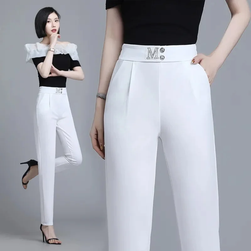 High-Quality Feet Pants Female 2025Summer New Ice Silk Harem Pants Ladies High Waist Versatile Drooping Suit Cropped Pants Woman