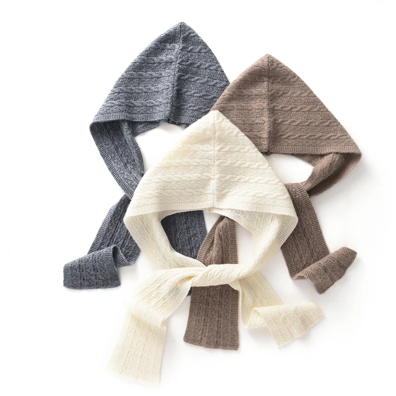 100% Cashmere Hooded Shawl with Integrated Hat Fashion Scarf for Women Solid Color Knitted Wool Neck Warmer Versatile Hat