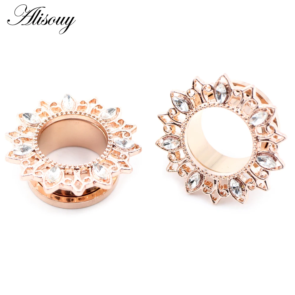 Alisouy 2 Stück Edelstahl Blume Zirkonia Mond Stern Uhr Herz Schraube Ohr Tunnel Plugs Expander Messgeräte Körper Piercing Schmuck – Detail 16