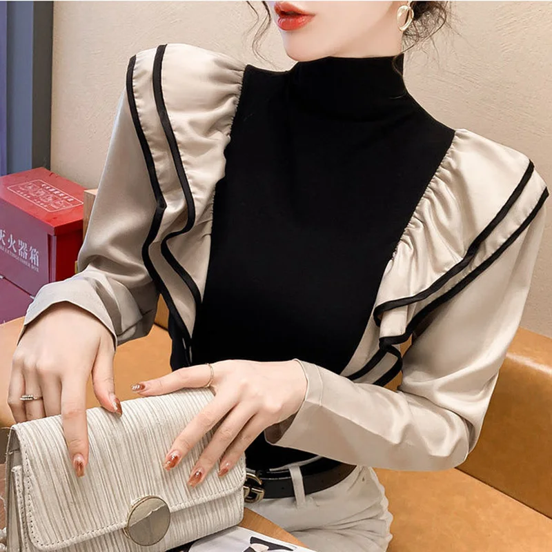 Stylish Turtleneck Spliced Folds Ruffles Blouse Female Clothing 2023 Autumn New Casual Pullovers All-match Office Lady Shirt