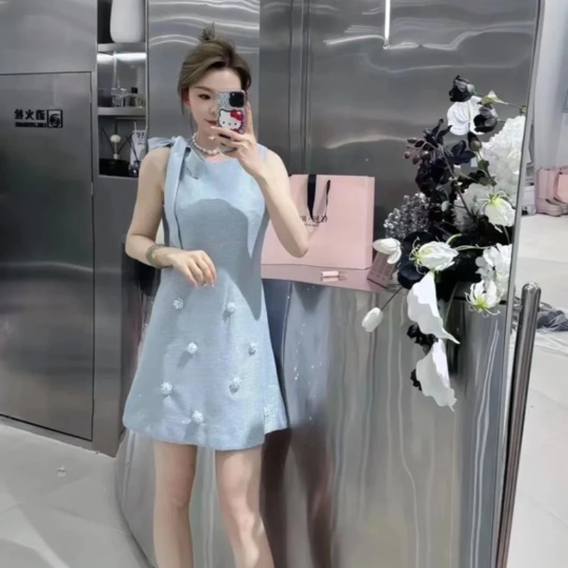 Elegant Socialite High-End A-line Dresses 2024 Summer New French Temperament Bow Tie Beaded Short Sleeve Loose Slim Mini Dress