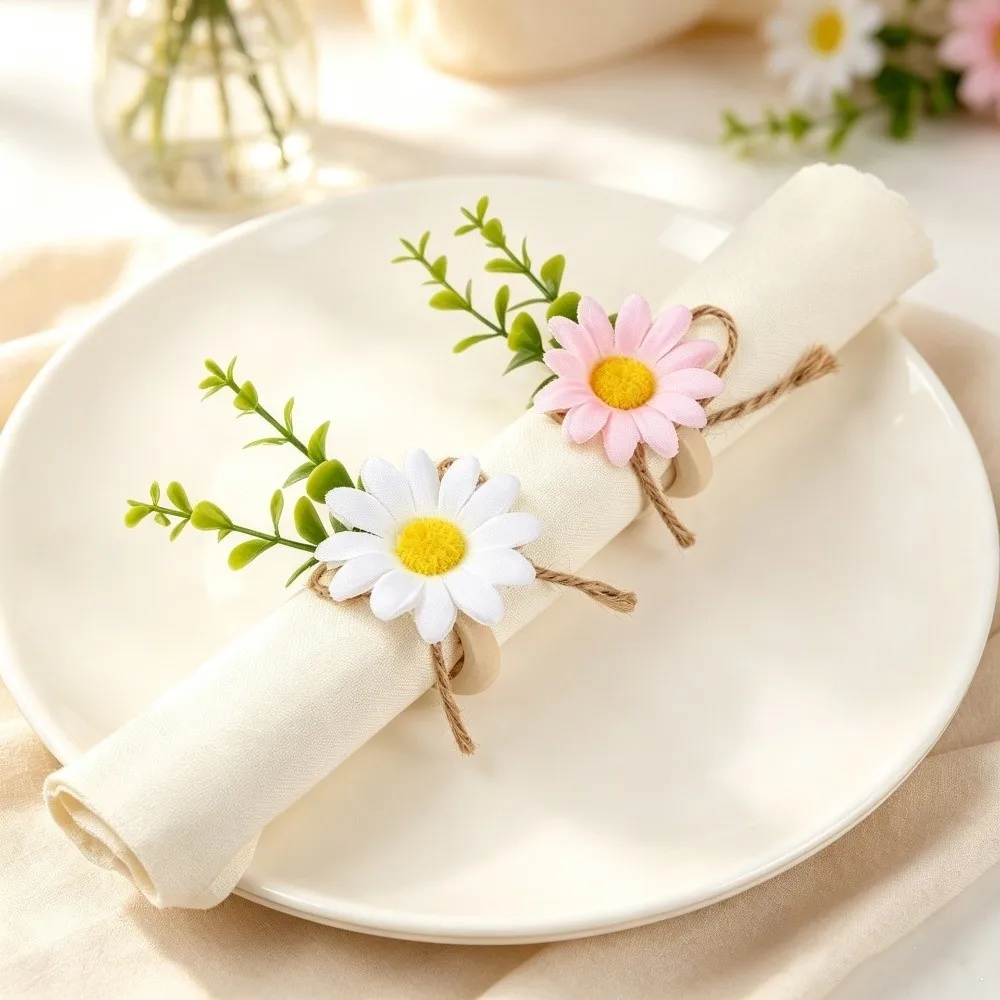 New Wooden Base Fabric Flowers Napkin Rings Rustic Style Handmade Ball Flower Napkin Fastener Napkin Holders Wedding Table Decor