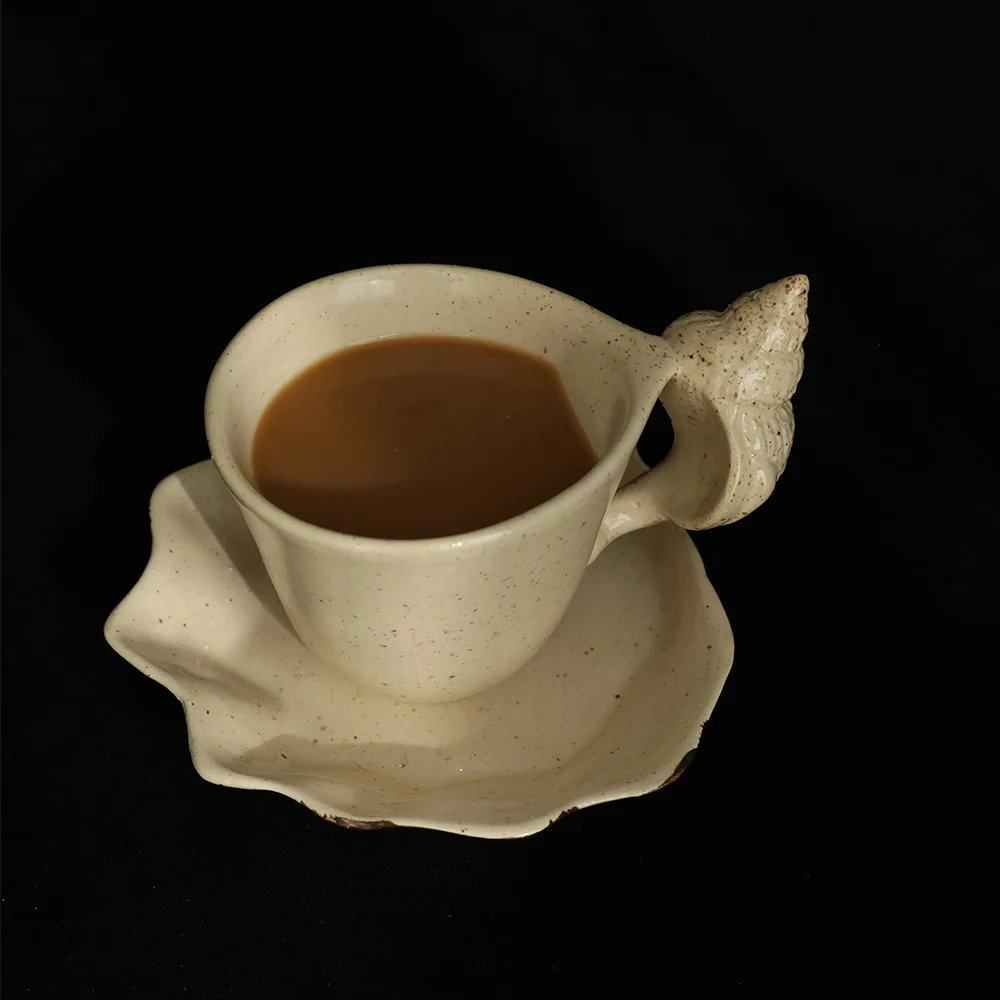 Creative Ceramic Cup&Saucer Sets Solid Conch Handle 200ML Coffee Mugs+Shell Porcelain Tray 2pcs Home Resturant Drinkware Sets
