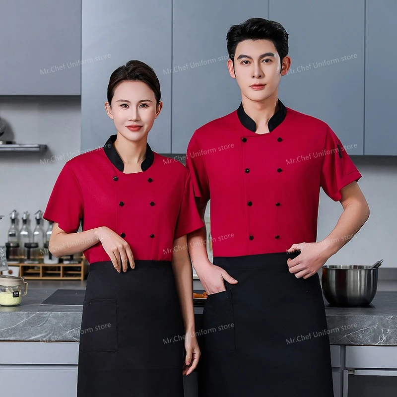 سترة الطاهي السوداء للمطاعم بأكمام قصيرة زي الشيف معطف الطبخ تي شيرت الشيف بيكر زي العمل النادل ملابس الفنادق شعار النساء