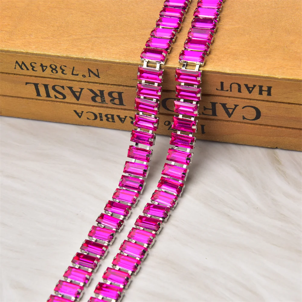 1 Yard Multicolor 5*10mm Rectangle Glass Rhinestone Chain Sew on Crystal Trim Ribbon Applique Diy Wedding Dress Shoes Decoration