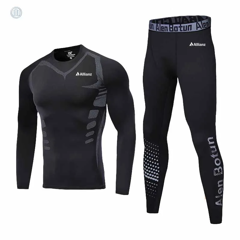 Allianz logo Spring Autumn Men's Black Long-Sleeved Underwear Set-Fitness Running Basic Sports