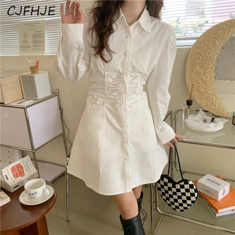 CJFHJE elegante vestido de camisa branca para mulheres, coreano One Piece Dobras, mini vestido casual fino, vestidos de festa, Y2K Design, novo, outono