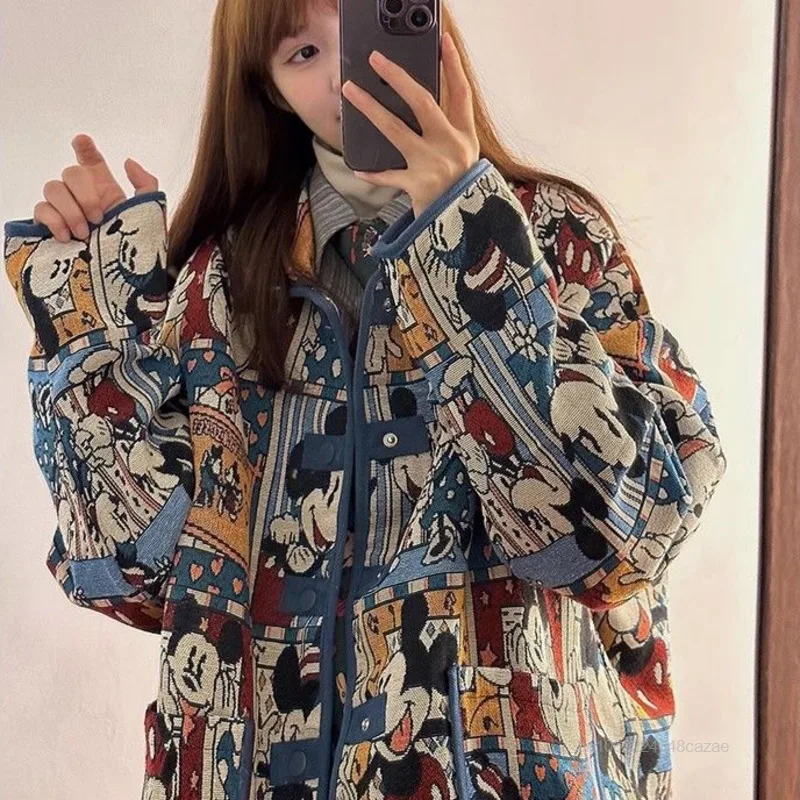 Disney Mickey Cute Cartoon Jacquard Jacket Women Autumn American Style Vintage Loose Coat Unique Design Trendy Versatile Jacket