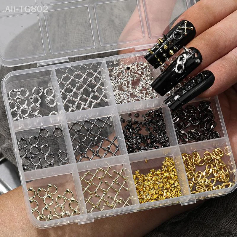 

12 Grids Punk Y2K Alloy Nail Charms Metal Manicure Rivet Chain Tip Decoration Retro Circle DIY Crafts Supplies for Nail Art