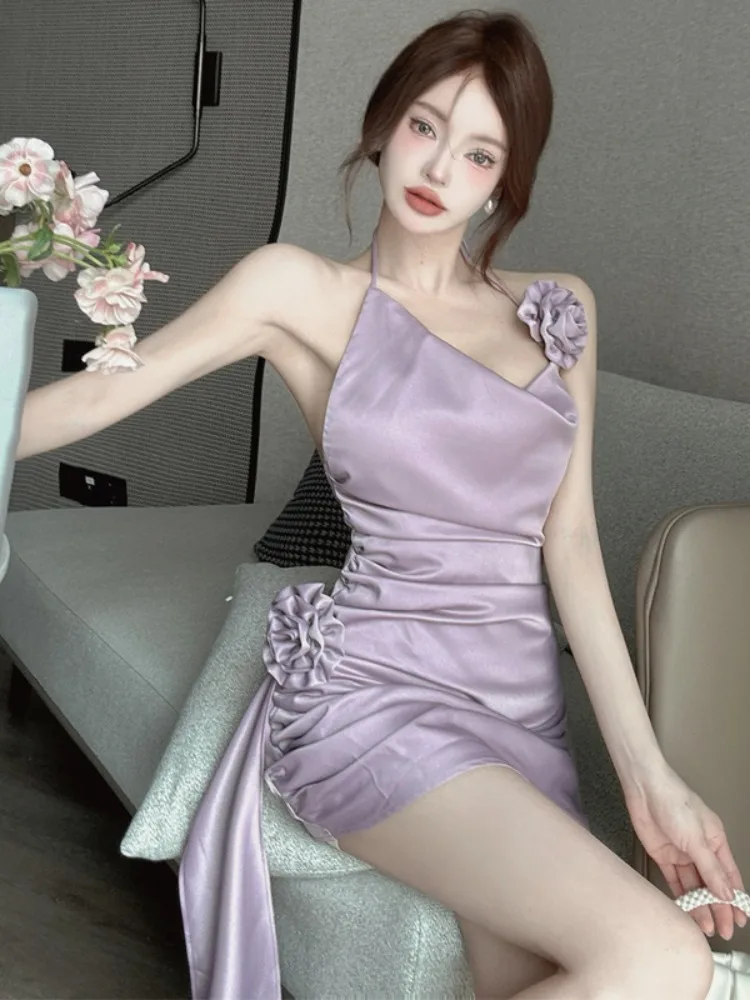 

Summer Sexy Satin Wrap around Neline ort Dr High Waist A-Line Skirt V-Ne Svel Pure Color Gown for Young Women