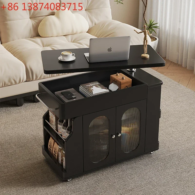 Retro style solid wood sofa edge few movable lifting side cabinet living room rotating small tea table