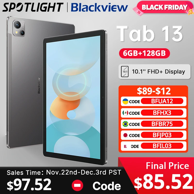 Blackview Tab 13 Tablet Pad 10.1'' FHD+ Display MTK Helio G85 Octa core 128GB 7280mAh 13MP Camera GPS Android 12 Touch Screen