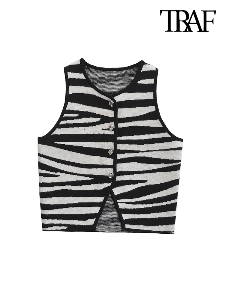 TRAF-Women's Front Button Cropped Knit Vest Sweater, V Neck, Sleeveless, Female Waistcoat, Chic Tops, Fashion