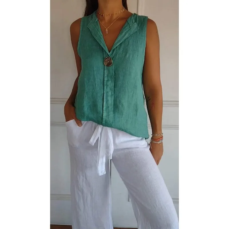 

Women's V Neck Sleeveless Linen Cotton Shirt Casual Loose Fake Button Down Blouse
