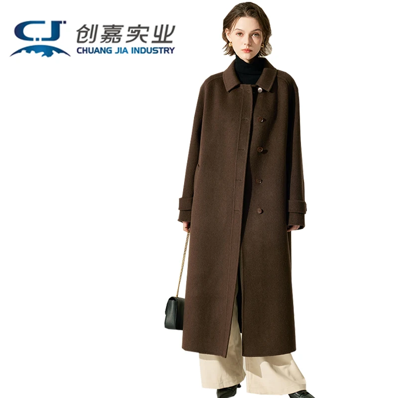 Double-sided Wool Women's Coat Autumn Winter Brown Single-breasted Long Coat Temperament Simple Elegant High-end Women's Wear