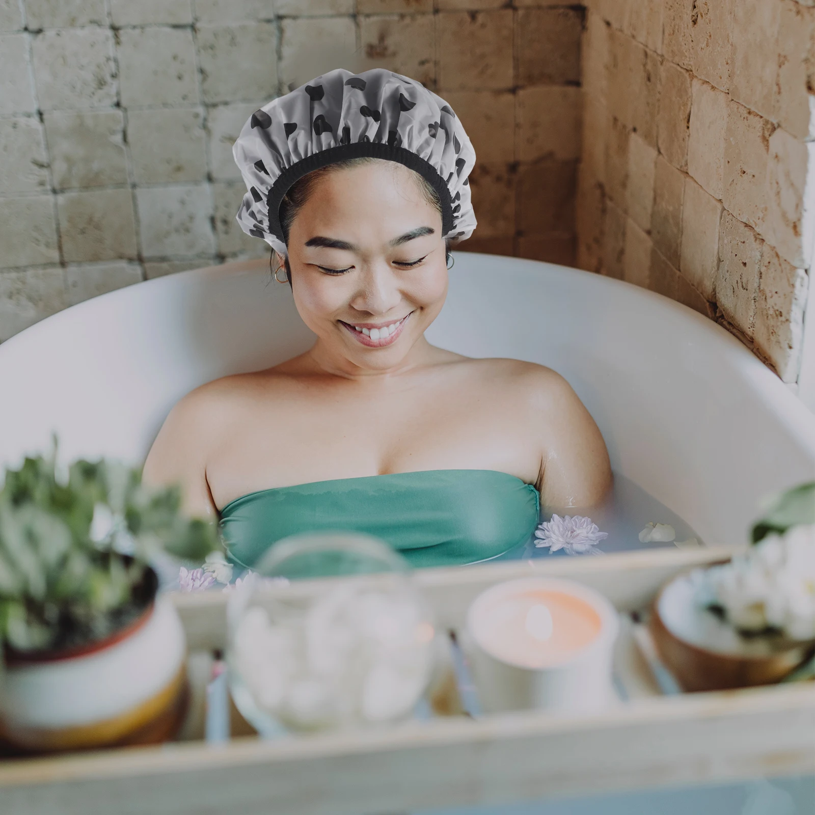 

Waterproof Shower Cap Double Layer Women Large Hair Satin Bath Hood Purple Heart Print Reusable EVA Non Slip Braids Cover