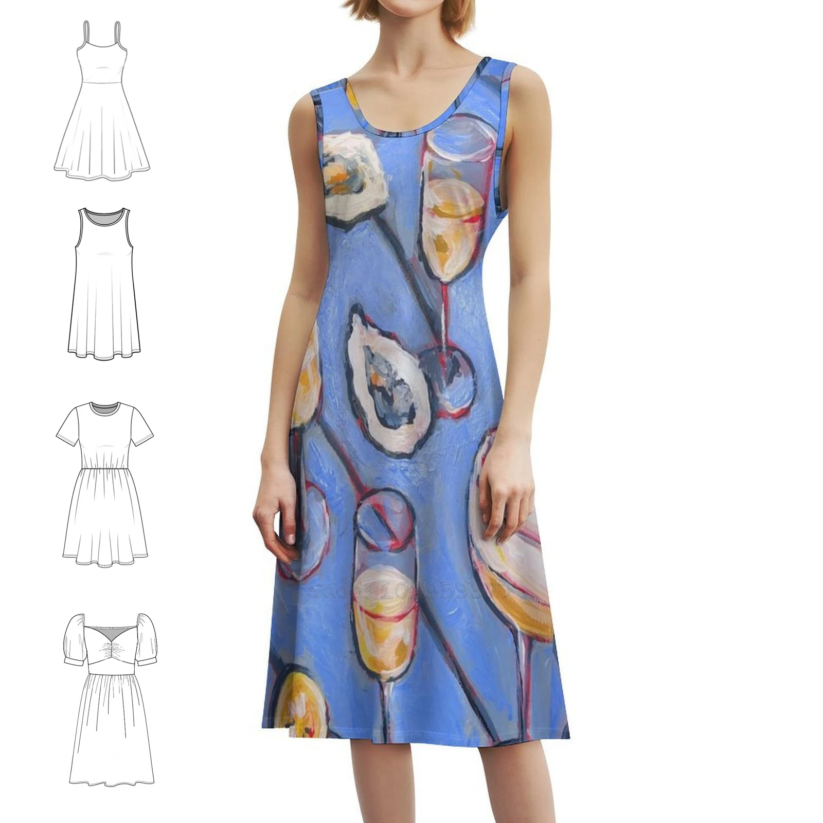 عمل فني المحار النبيذ اللوحة البوهيمي فستان بلا أكمام متعدد طباعة شاطئ عطلة فستان الحفلات المحار الفن النبيذ اللوحة المأكولات البحرية