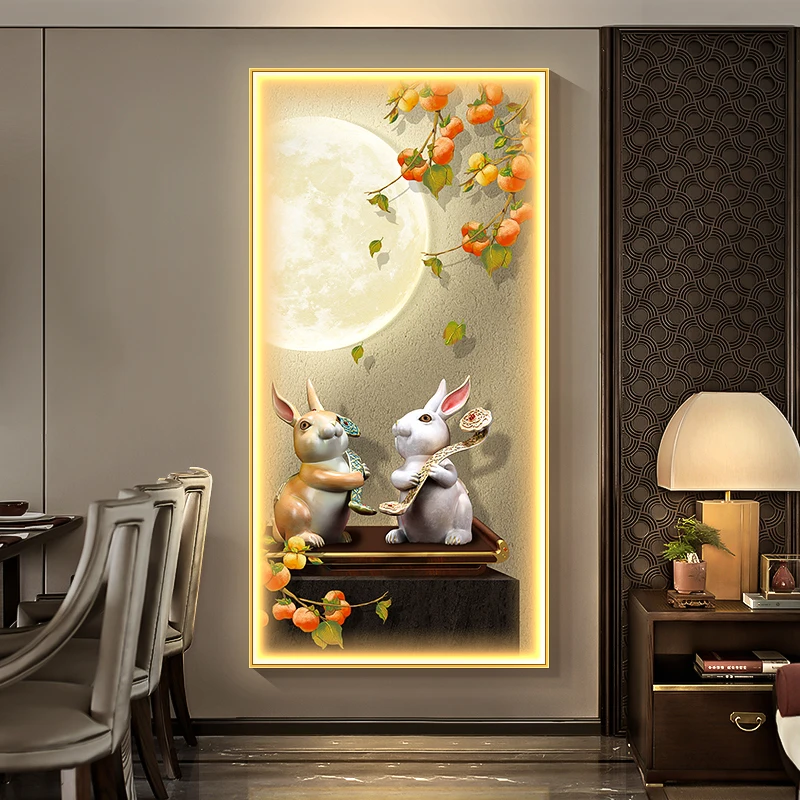 Persimmon Entrance Decoration Painting Corridor Hanging Painting With Light New Chinese Style Rabbit Entrance Vertical Mural Led