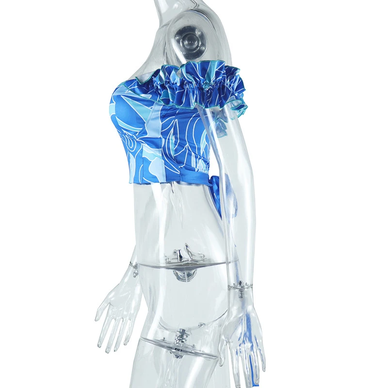 BKLD estampado estético cuello barco espalda descubierta fuera del hombro fruncido con cordones moda Sexy mujer verano Club calle Casual Crop Tops