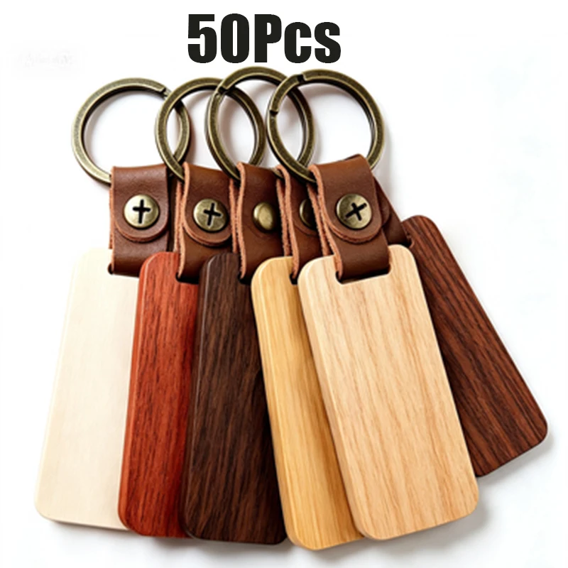 50Pcs DIY Wooden Key Chain Blanks, Blank Rectangle Wood Key Tags with Leather Loops, Vintage Split Key Rings for Gift Making