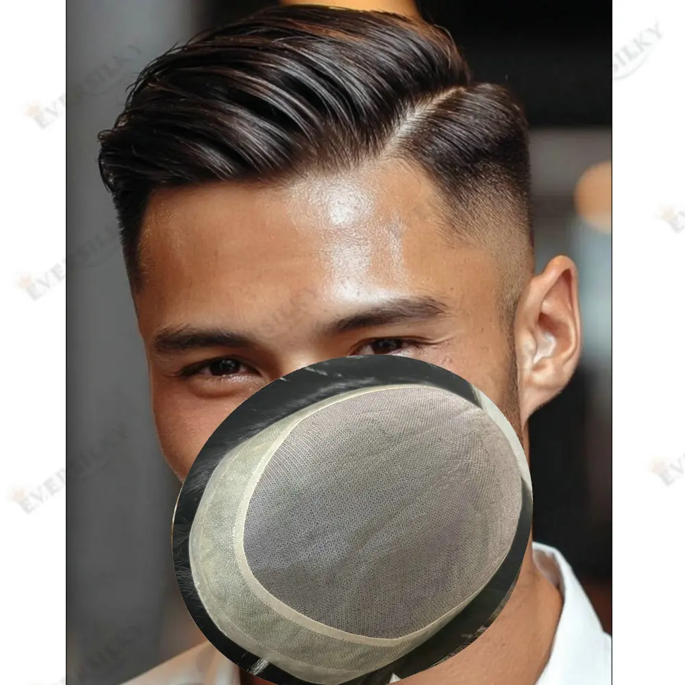 

Натуральный мужской парик-накладка из человеческих волос, прочная система замещения волос для мужчин на монобазе и полиуретановой основе