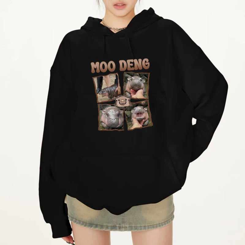 

Cute Moo Deng Hippo Funny Emoticons Retro Style Hoodie For Men And Women Streetwear Suitable For Winter