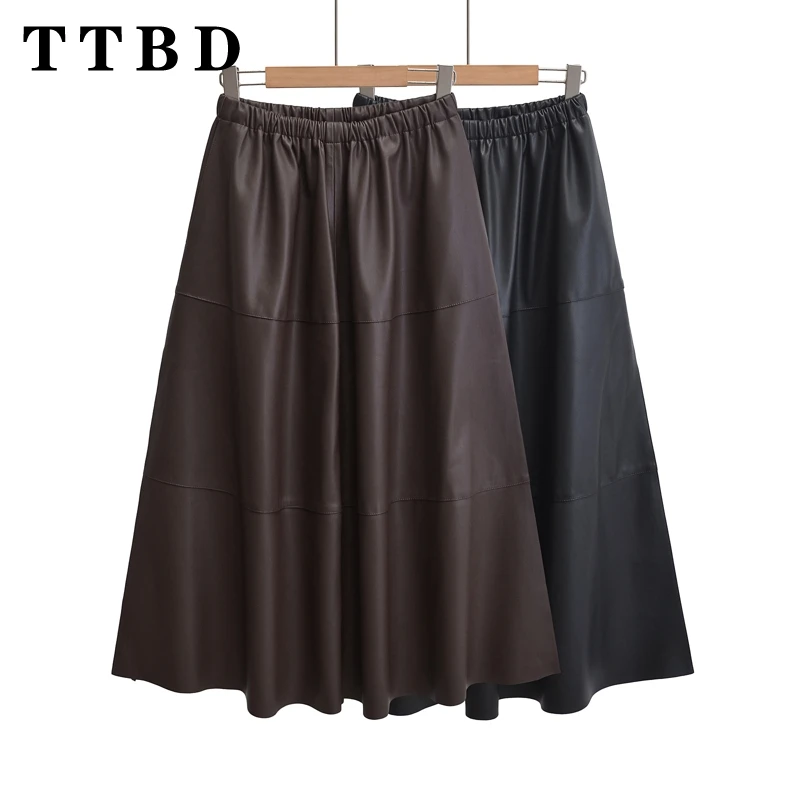 

TTBD 2024 New Woman Autumn Fashion Solid Color Leather Skirt Female Vintage Ruffles elastic band Bottoms Maxi Skirt A-lineskirt