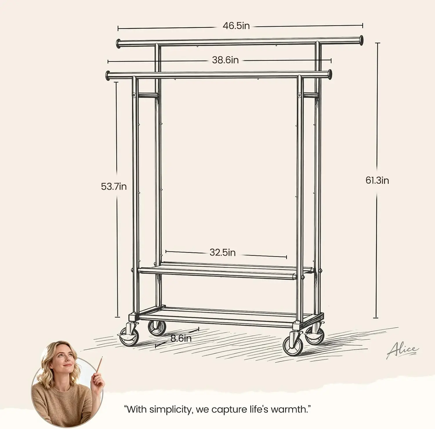 Clothes Rack, Double Rods Rolling Clothing Rack for Hanging Clothes Closet Rack with Wheels, Metal Portable Garment Rack with