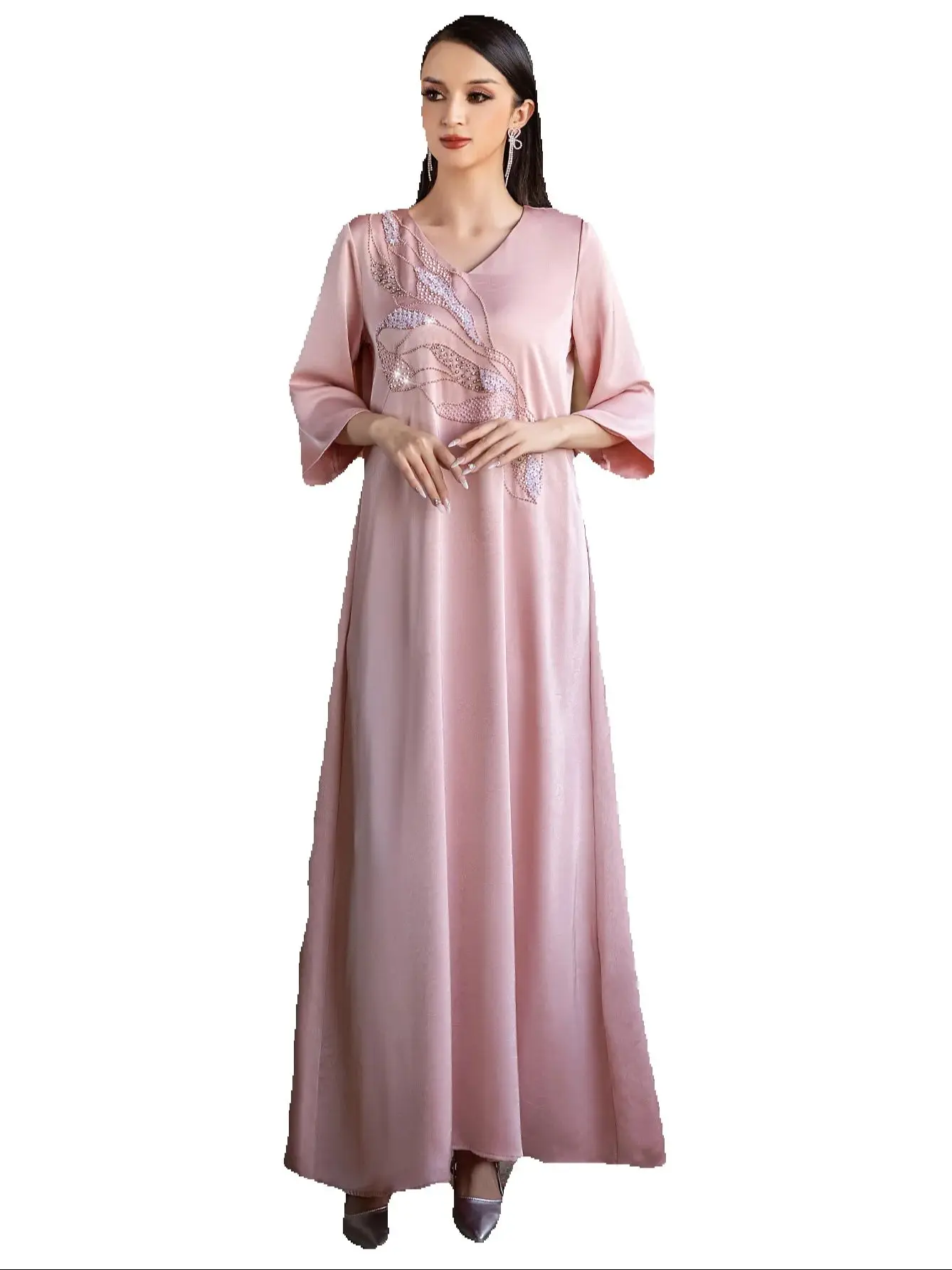 

Eid Beads Abaya Satin Kaftan Women Muslim Evening Party Dress Turkey Robe Saudi Arab Kebaya Islam Clothing Caftan Marocain Femme