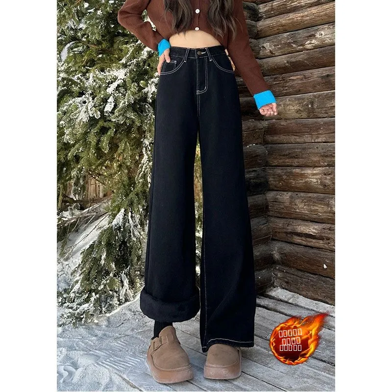 

High Waist Fce Lined Denim Jeans Women's Autumn Winter Loose Slimming Elastic Pear aped Body Wide Leg Pants